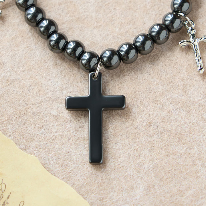 Hematite Bead Cross Bracelet with Mini Crucifix Charms: A Symbol of Divine Protection & Faith