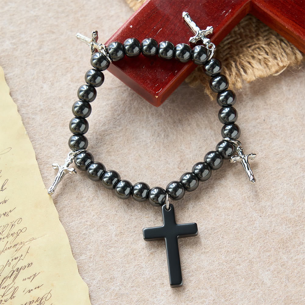 Hematite Bead Cross Bracelet with Mini Crucifix Charms: A Symbol of Divine Protection & Faith