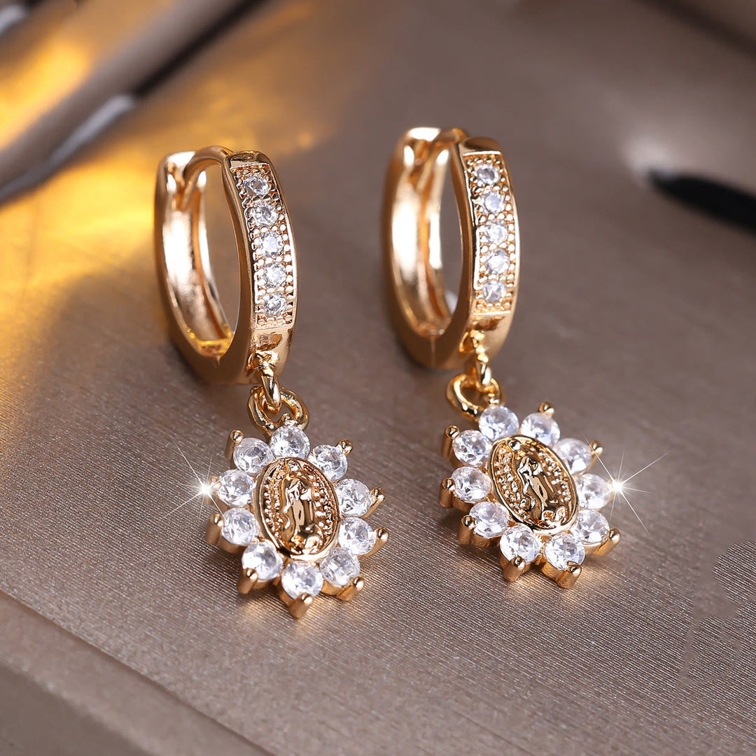 Our Lady Zircon Halo Huggie Earrings with Sunburst Medallion