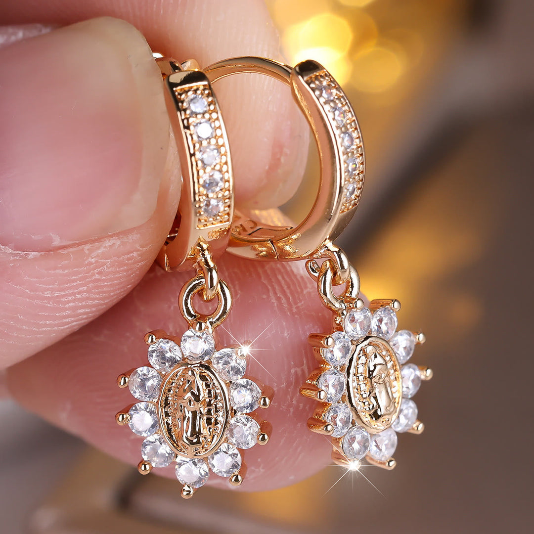 Our Lady Zircon Halo Huggie Earrings with Sunburst Medallion