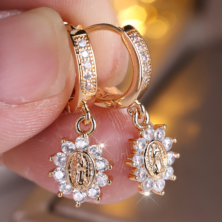 Our Lady Zircon Halo Huggie Earrings with Sunburst Medallion VIP