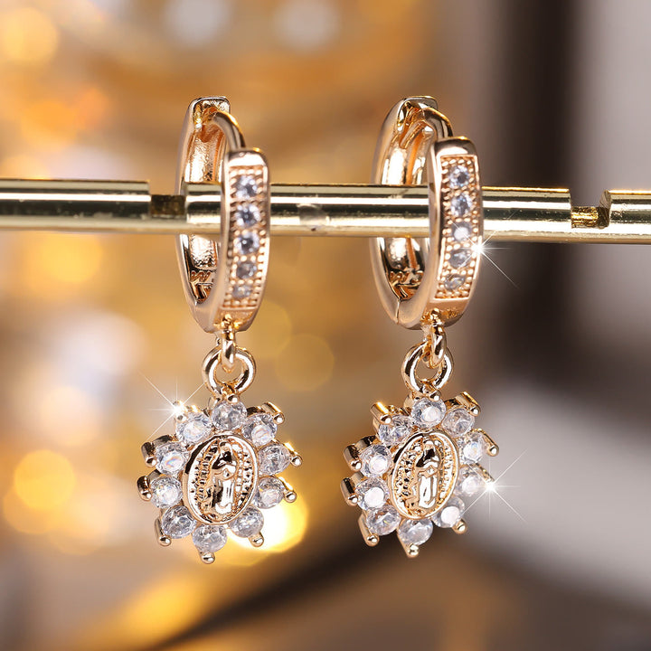 Our Lady Zircon Halo Huggie Earrings with Sunburst Medallion VIP