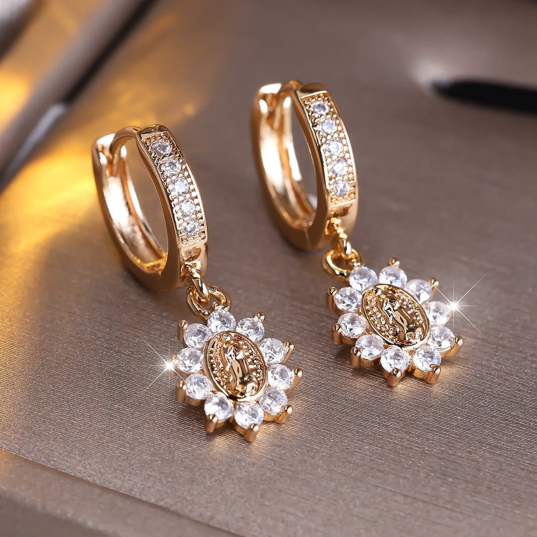 Our Lady Zircon Halo Huggie Earrings with Sunburst Medallion VIP