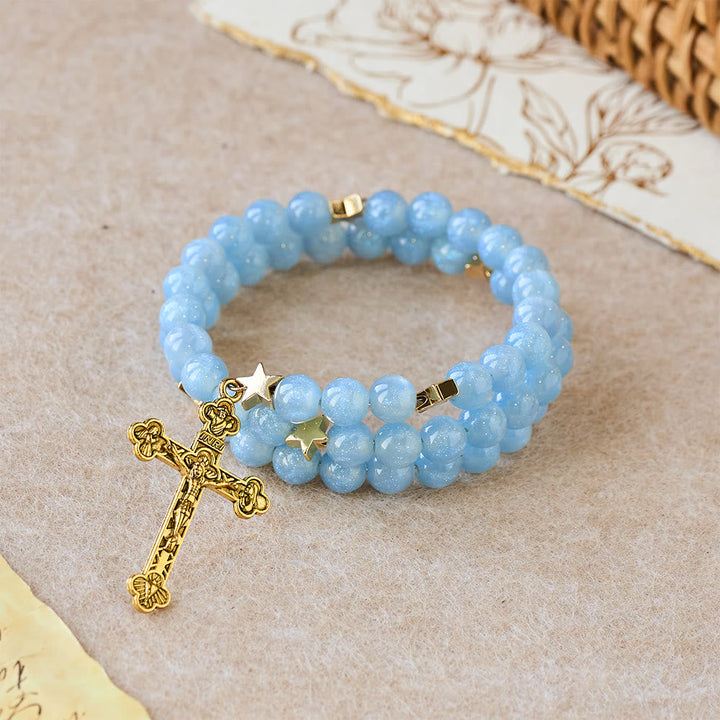 Blue Glass Bead Wrap Bracelet with Star Spacers & Golden Crucifix