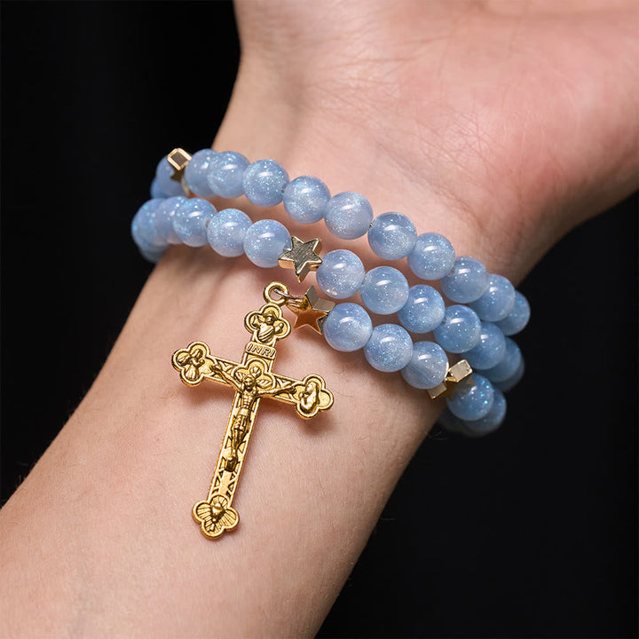 Blue Glass Bead Wrap Bracelet with Star Spacers & Golden Crucifix