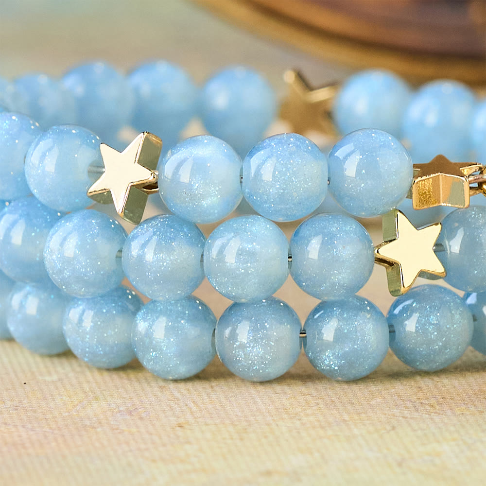 Blue Glass Bead Wrap Bracelet with Star Spacers & Golden Crucifix