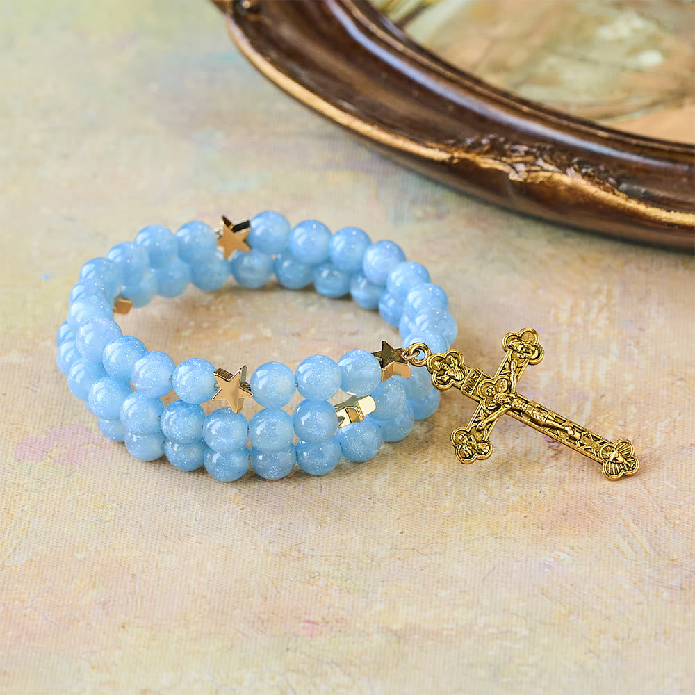 Blue Glass Bead Wrap Bracelet with Star Spacers & Golden Crucifix