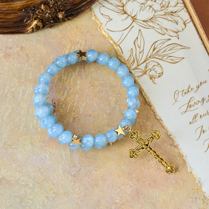 Blue Glass Bead Wrap Bracelet with Star Spacers & Golden Crucifix