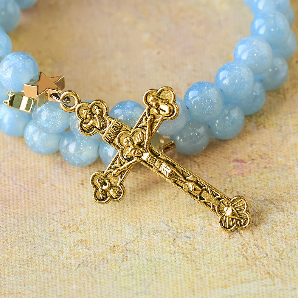 Blue Glass Bead Wrap Bracelet with Star Spacers & Golden Crucifix