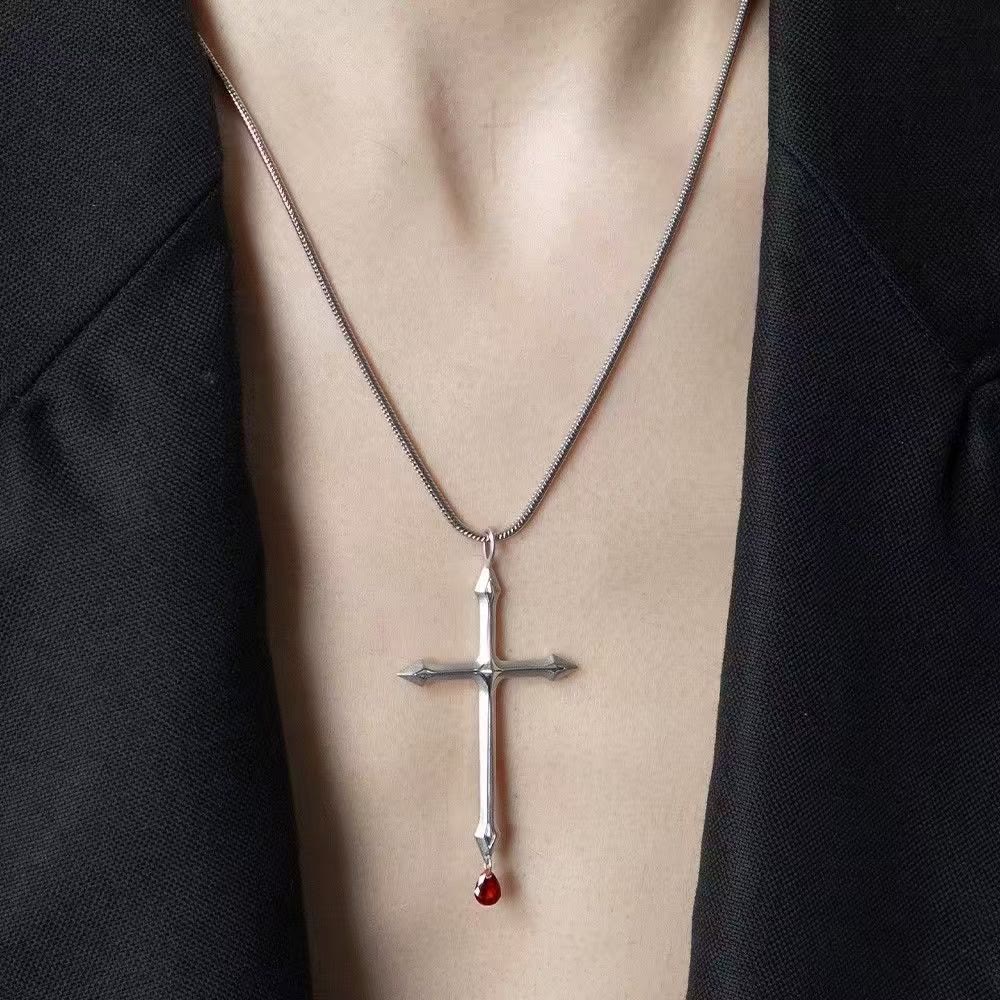 Sword Cross Necklace with Red Zircon Drop: A Sacred Keepsake for Believers