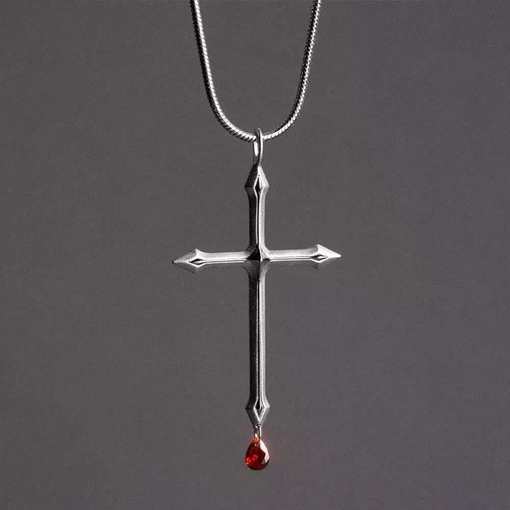 Sword Cross Necklace with Red Zircon Drop: A Sacred Keepsake for Believers