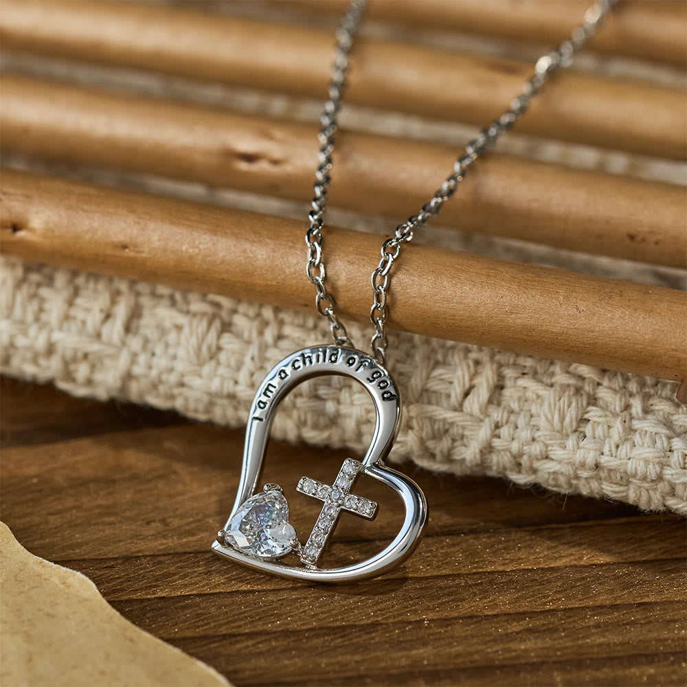 I Am a Child of God Heart Cross Necklace with Zircon Accents: A Token of Heavenly Identity