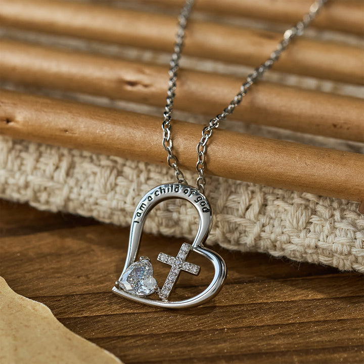 I Am a Child of God Heart Cross Necklace with Zircon Accents: A Token of Heavenly Identity