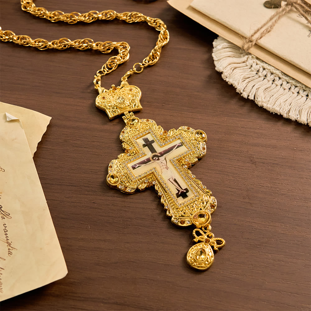 Ornate Large Pectoral Crucifix Necklace with Crown Accent: A Symbol of Sacred Majesty & Redemption