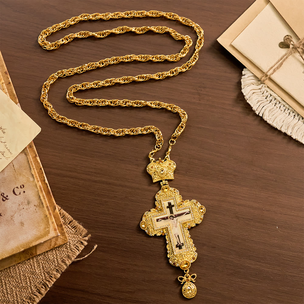 Ornate Large Pectoral Crucifix Necklace with Crown Accent: A Symbol of Sacred Majesty & Redemption