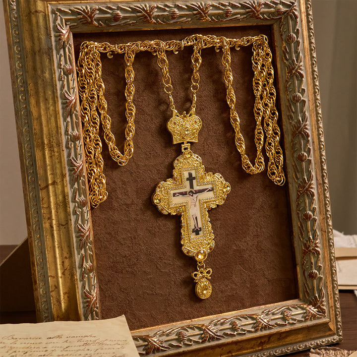 Ornate Large Pectoral Crucifix Necklace with Crown Accent: A Symbol of Sacred Majesty & Redemption