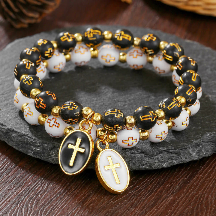 Dual-Tone Acrylic Cross Bead Bracelet with Enamel Cross Charm: A Vessel for Sacred Daily Faith