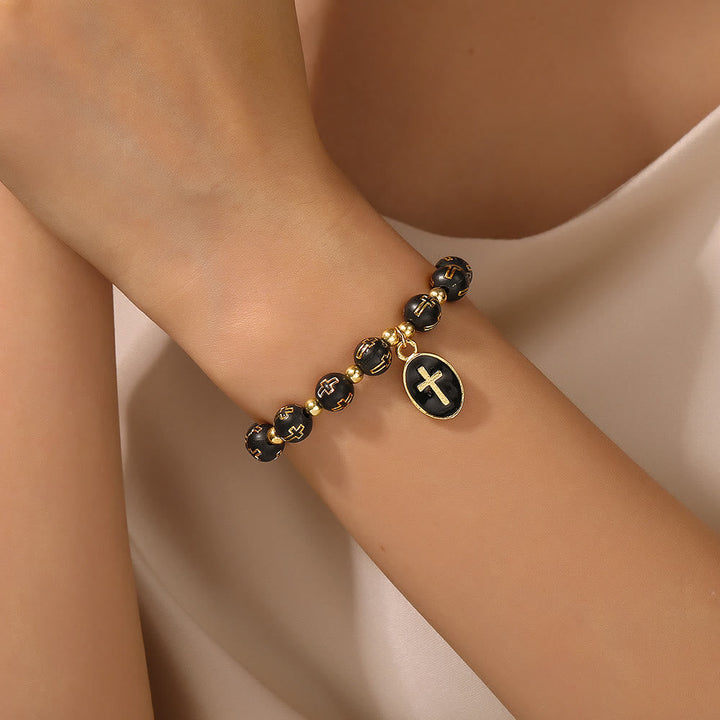 Dual-Tone Acrylic Cross Bead Bracelet with Enamel Cross Charm: A Vessel for Sacred Daily Faith