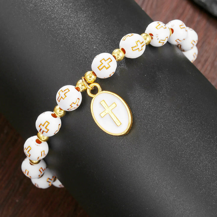 Dual-Tone Acrylic Cross Bead Bracelet with Enamel Cross Charm: A Vessel for Sacred Daily Faith