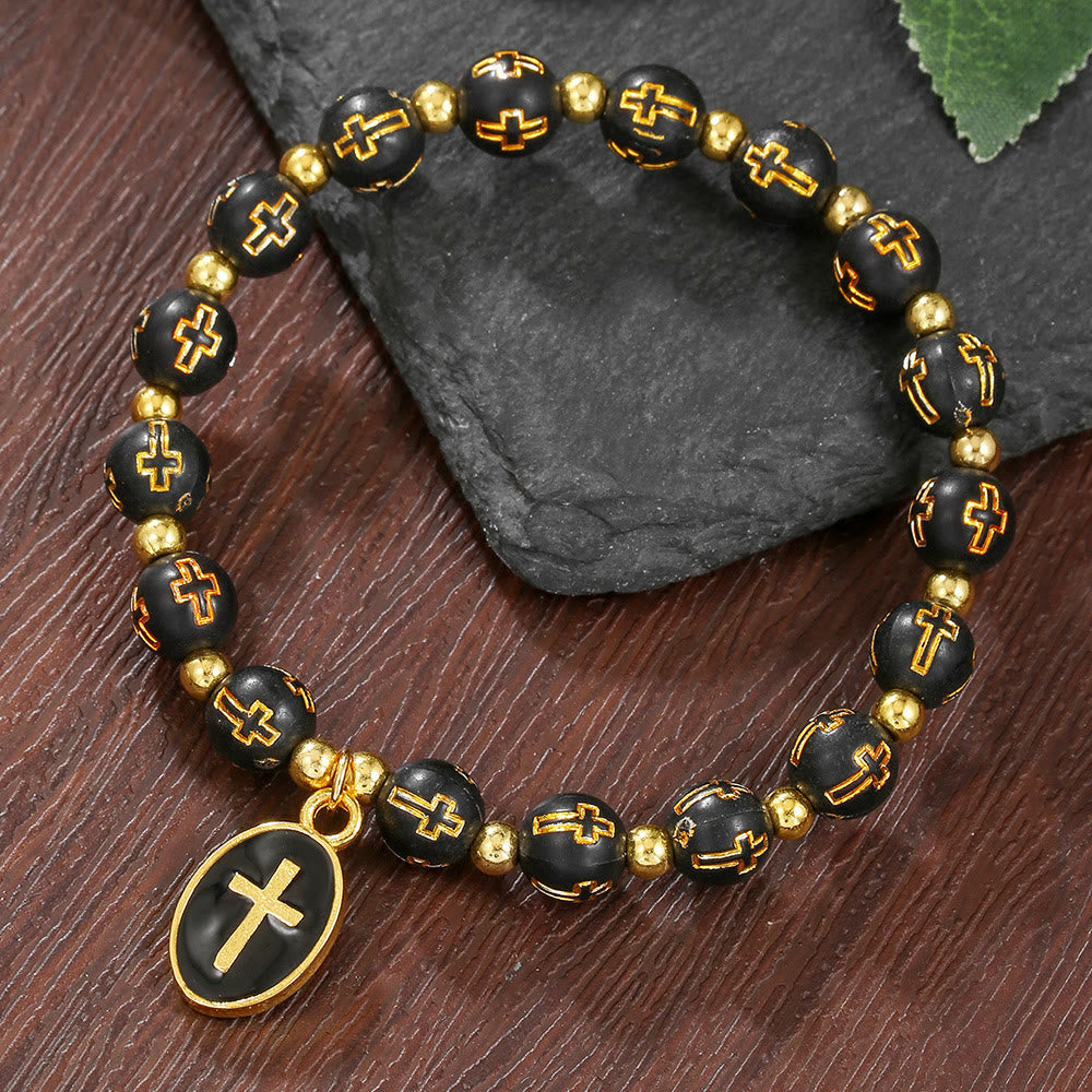 Dual-Tone Acrylic Cross Bead Bracelet with Enamel Cross Charm: A Vessel for Sacred Daily Faith