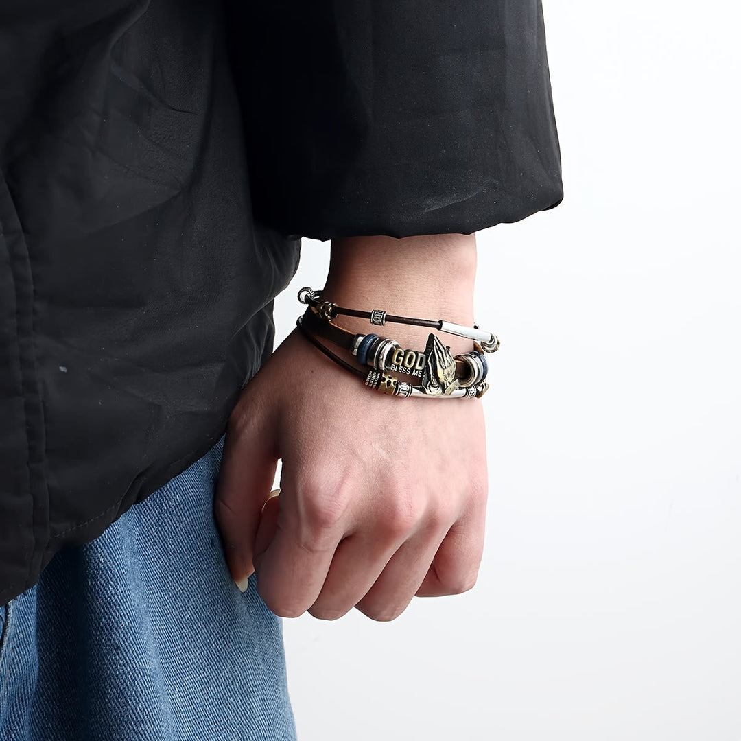 God Bless Me Praying Hands Leather Bracelet with Metal Accents