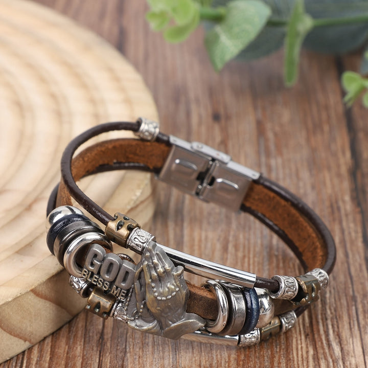 God Bless Me Praying Hands Leather Bracelet with Metal Accents