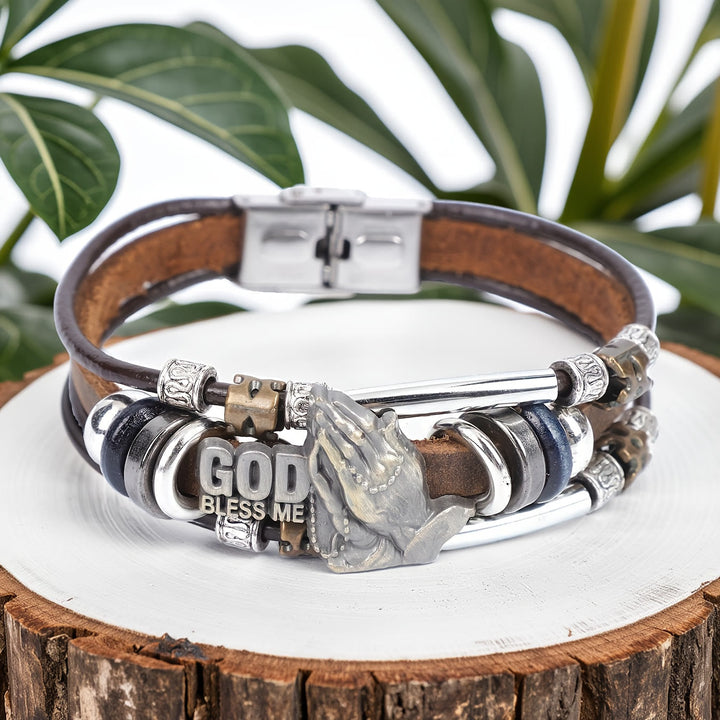 God Bless Me Praying Hands Leather Bracelet with Metal Accents