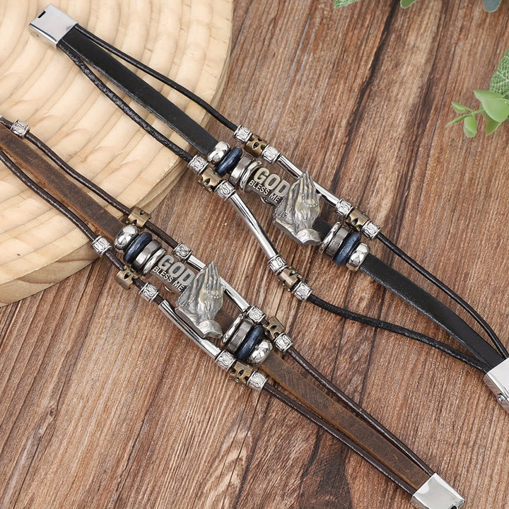 God Bless Me Praying Hands Leather Bracelet with Metal Accents
