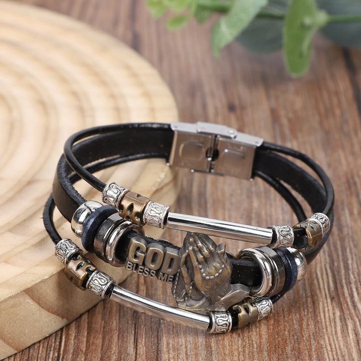 God Bless Me Praying Hands Leather Bracelet with Metal Accents