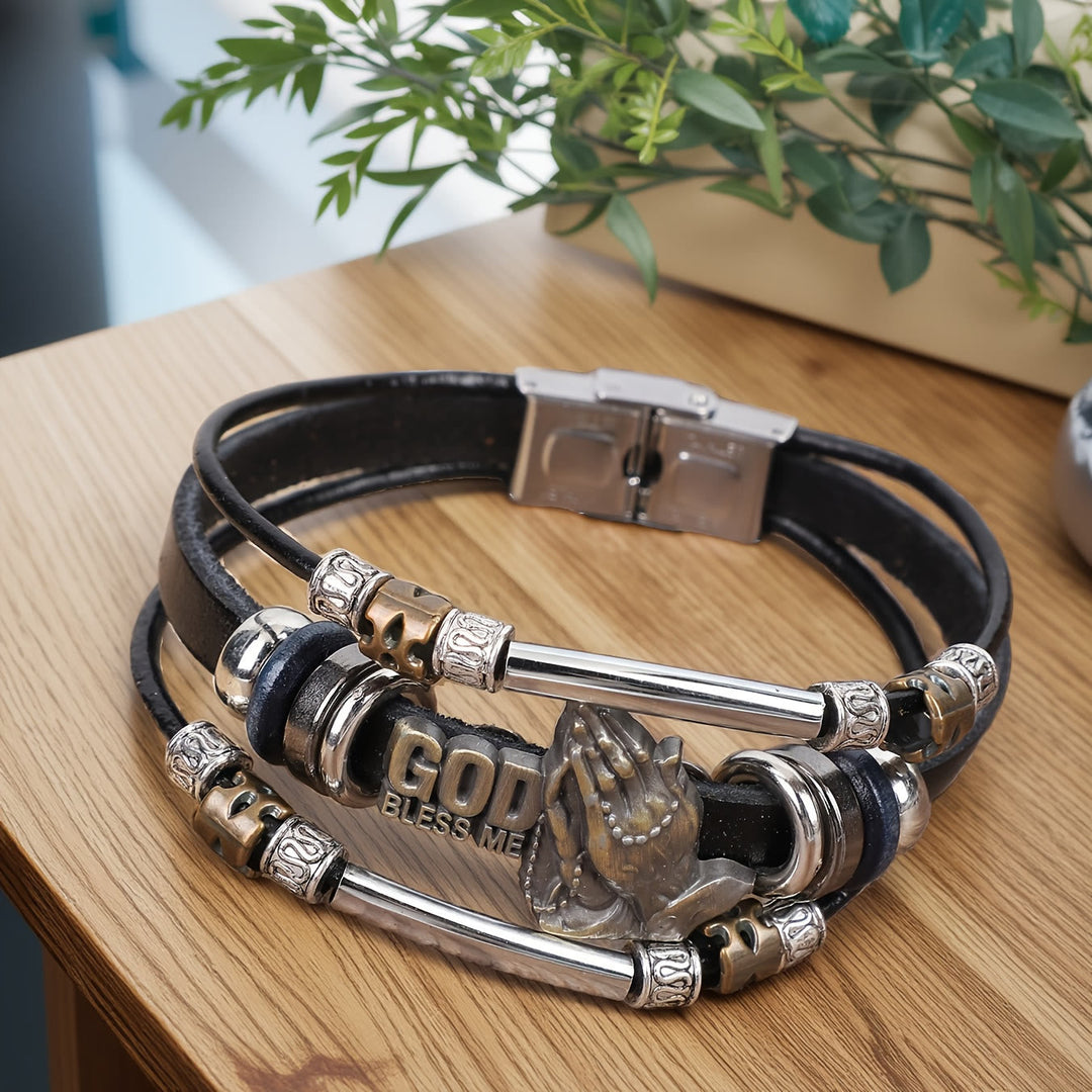 God Bless Me Praying Hands Leather Bracelet with Metal Accents