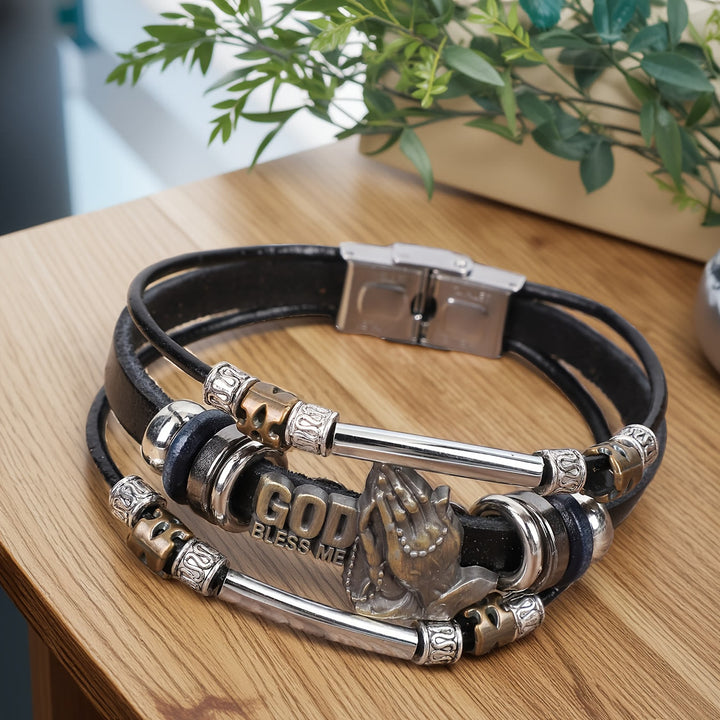 God Bless Me Praying Hands Leather Bracelet with Metal Accents