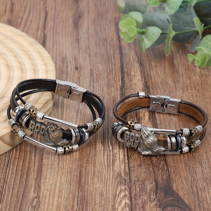 God Bless Me Praying Hands Leather Bracelet with Metal Accents
