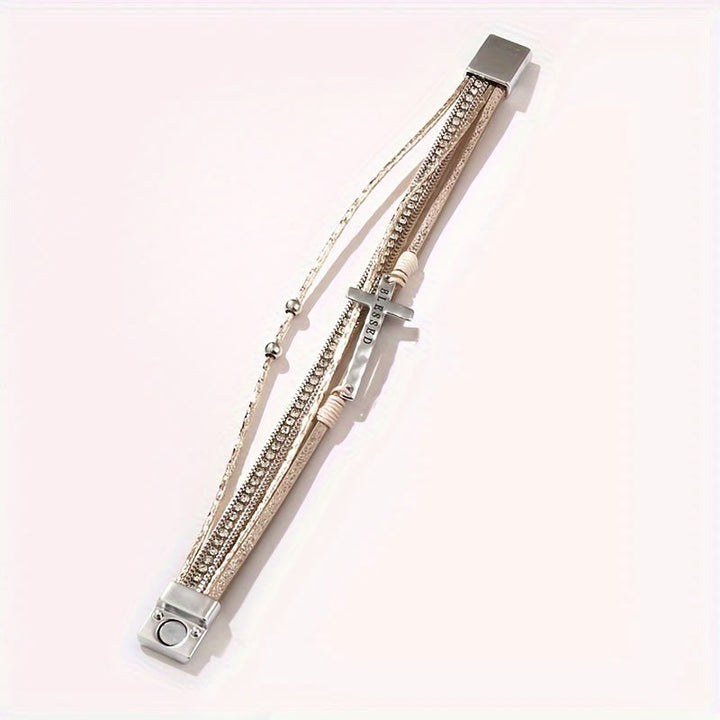 Multi-Layer BLESSED Cross Leather Bracelet with Zircon: A Symbol of Divine Grace & Spiritual Joy