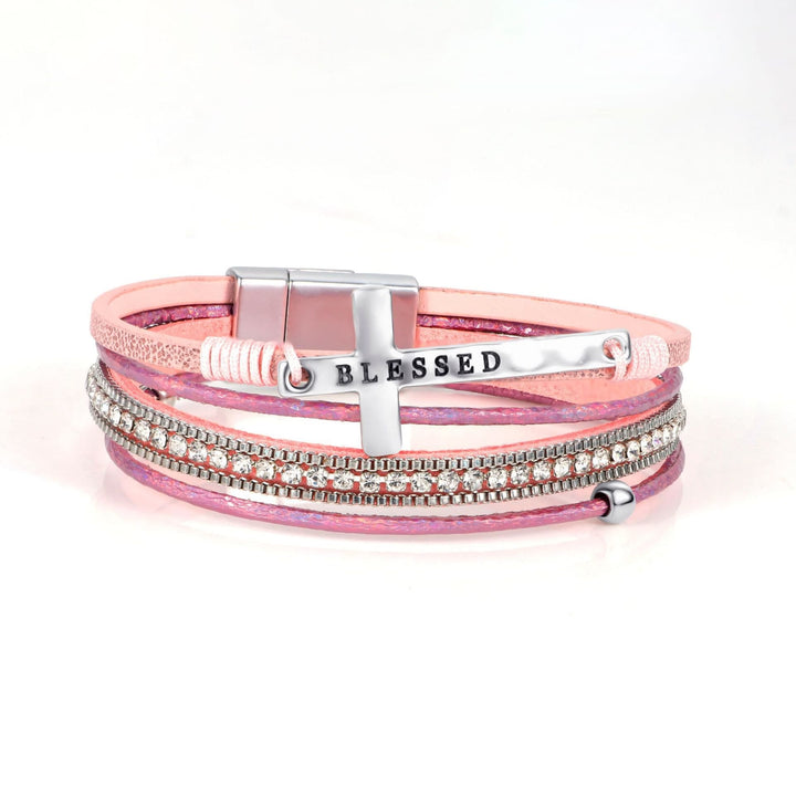 Multi-Layer BLESSED Cross Leather Bracelet with Zircon: A Symbol of Divine Grace & Spiritual Joy