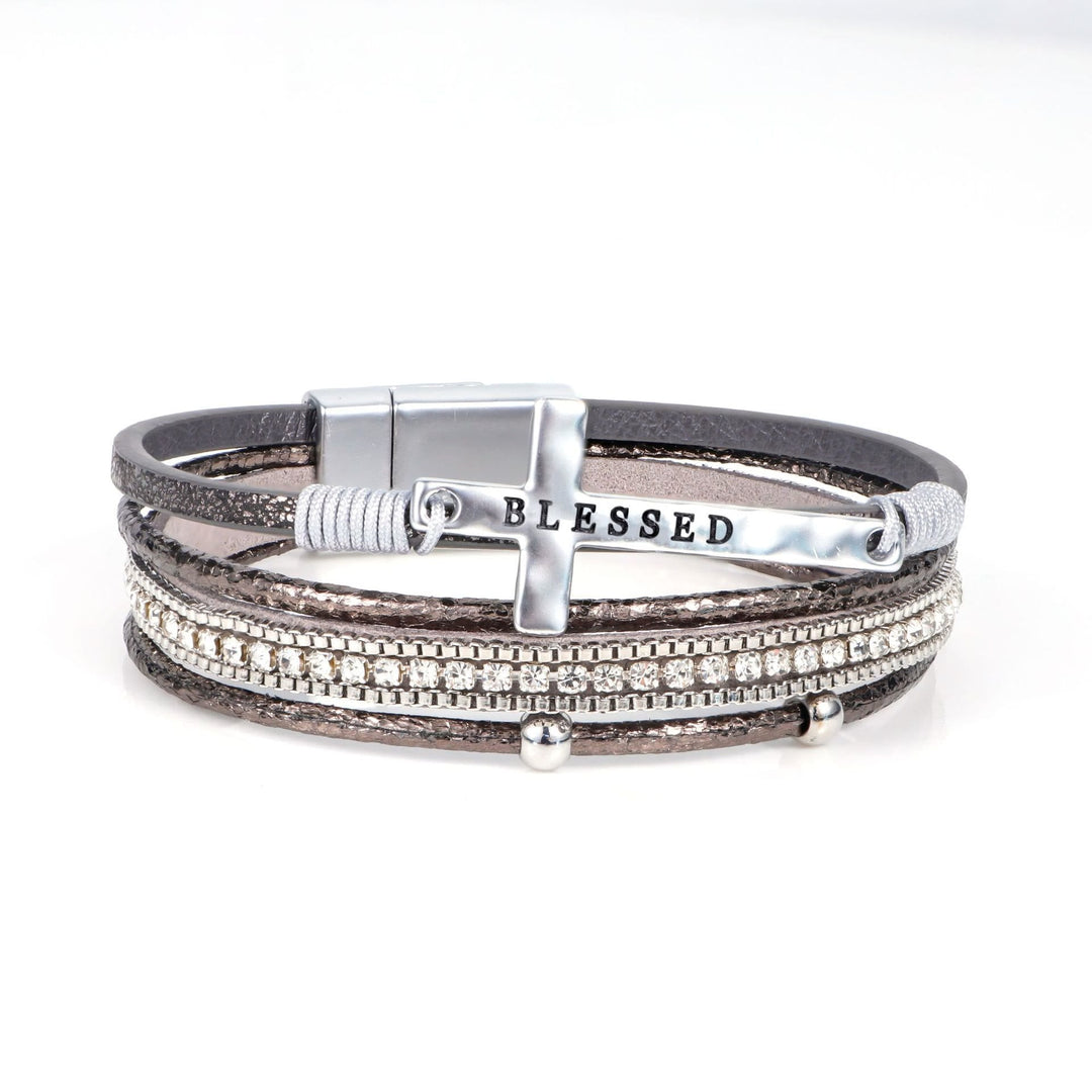 Multi-Layer BLESSED Cross Leather Bracelet with Zircon: A Symbol of Divine Grace & Spiritual Joy