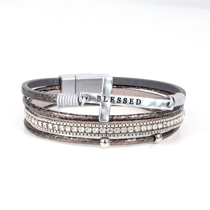 Multi-Layer BLESSED Cross Leather Bracelet with Zircon: A Symbol of Divine Grace & Spiritual Joy
