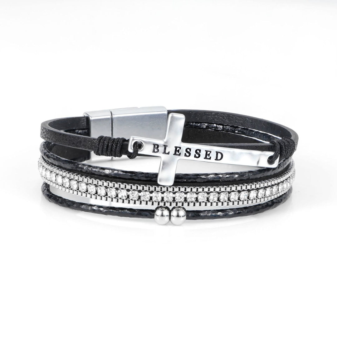 Multi-Layer BLESSED Cross Leather Bracelet with Zircon: A Symbol of Divine Grace & Spiritual Joy