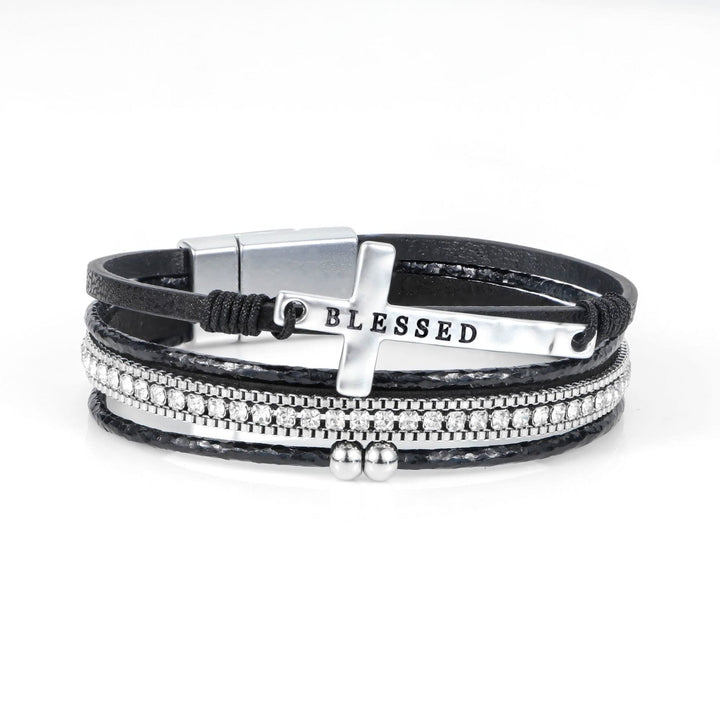 Multi-Layer BLESSED Cross Leather Bracelet with Zircon: A Symbol of Divine Grace & Spiritual Joy