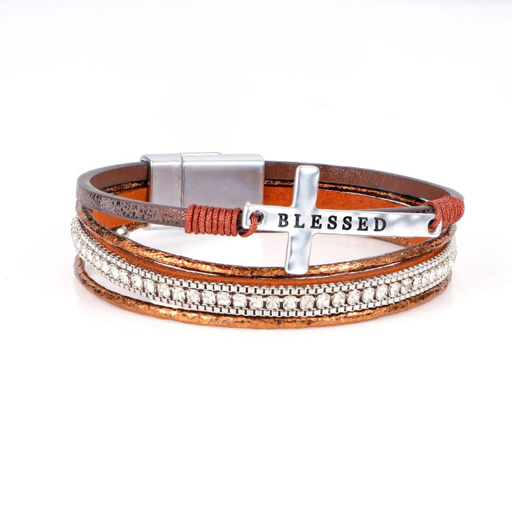 Multi-Layer BLESSED Cross Leather Bracelet with Zircon: A Symbol of Divine Grace & Spiritual Joy