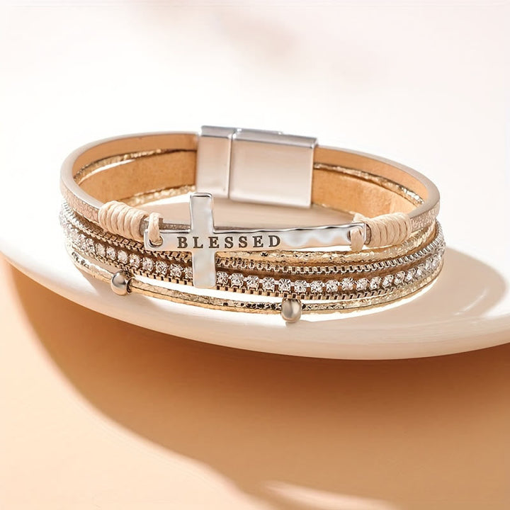 Multi-Layer BLESSED Cross Leather Bracelet with Zircon: A Symbol of Divine Grace & Spiritual Joy