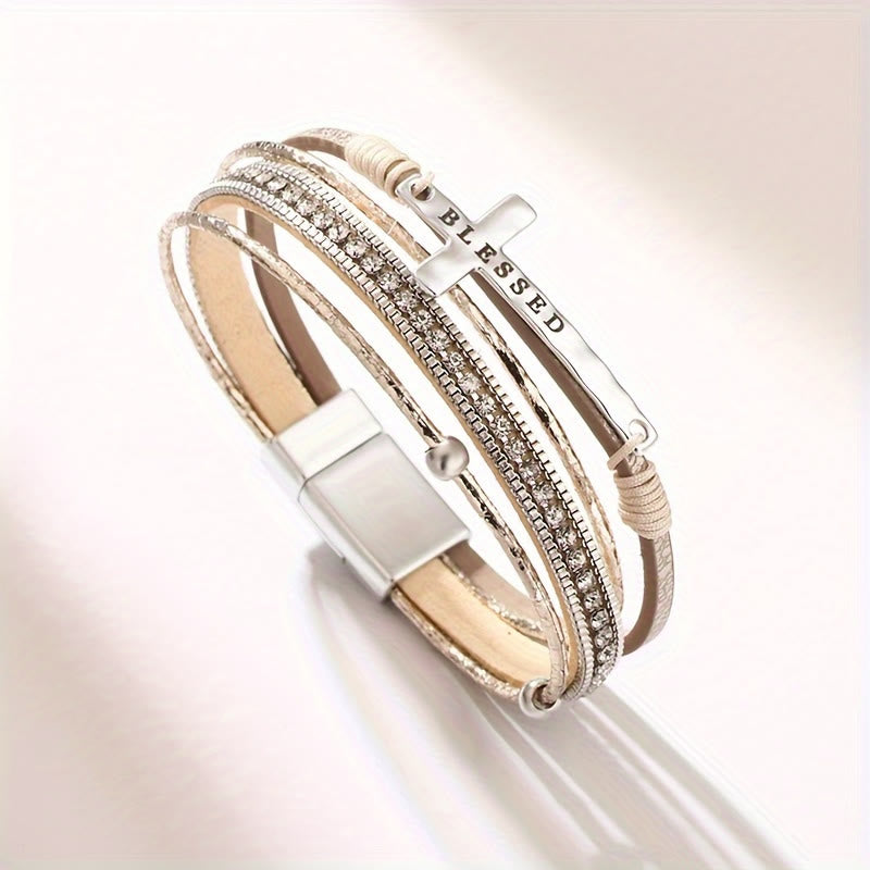 Multi-Layer BLESSED Cross Leather Bracelet with Zircon: A Symbol of Divine Grace & Spiritual Joy