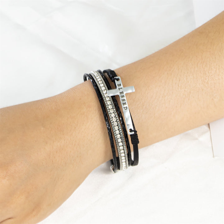 Multi-Layer BLESSED Cross Leather Bracelet with Zircon: A Symbol of Divine Grace & Spiritual Joy