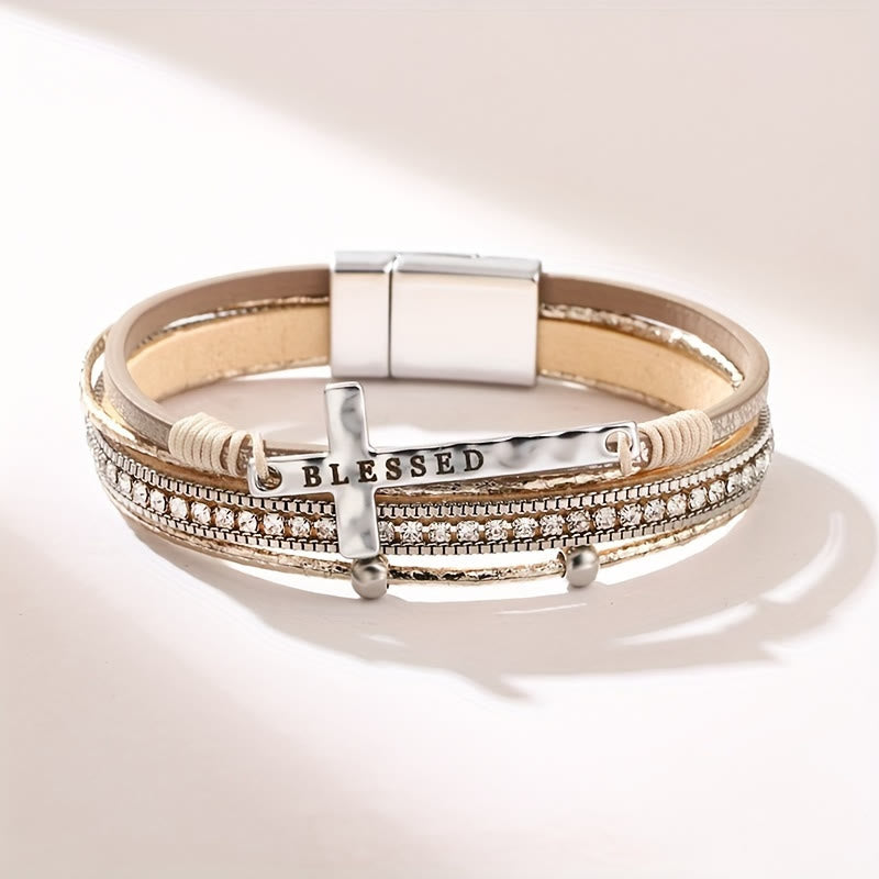 Multi-Layer BLESSED Cross Leather Bracelet with Zircon: A Symbol of Divine Grace & Spiritual Joy
