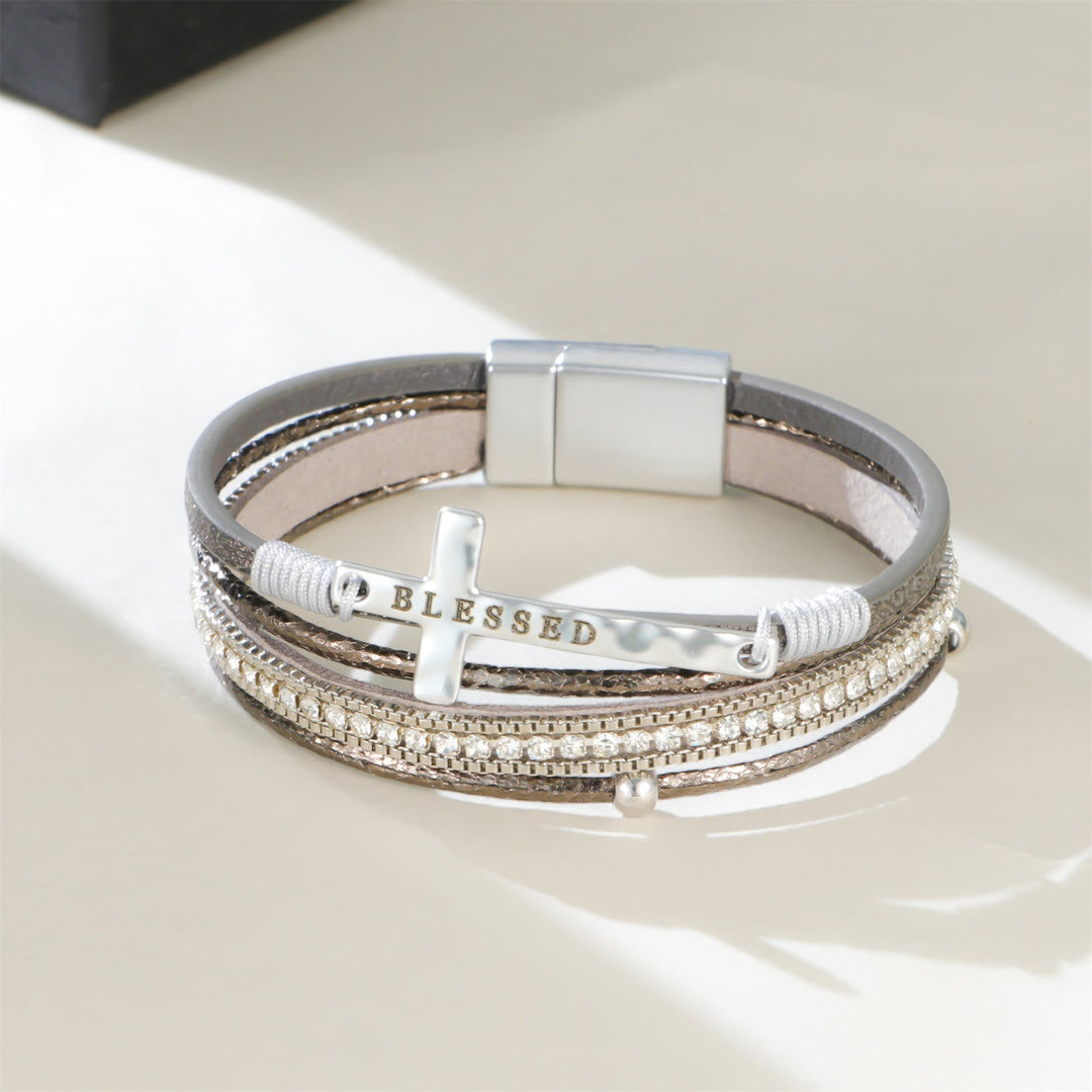 Multi-Layer BLESSED Cross Leather Bracelet with Zircon: A Symbol of Divine Grace & Spiritual Joy