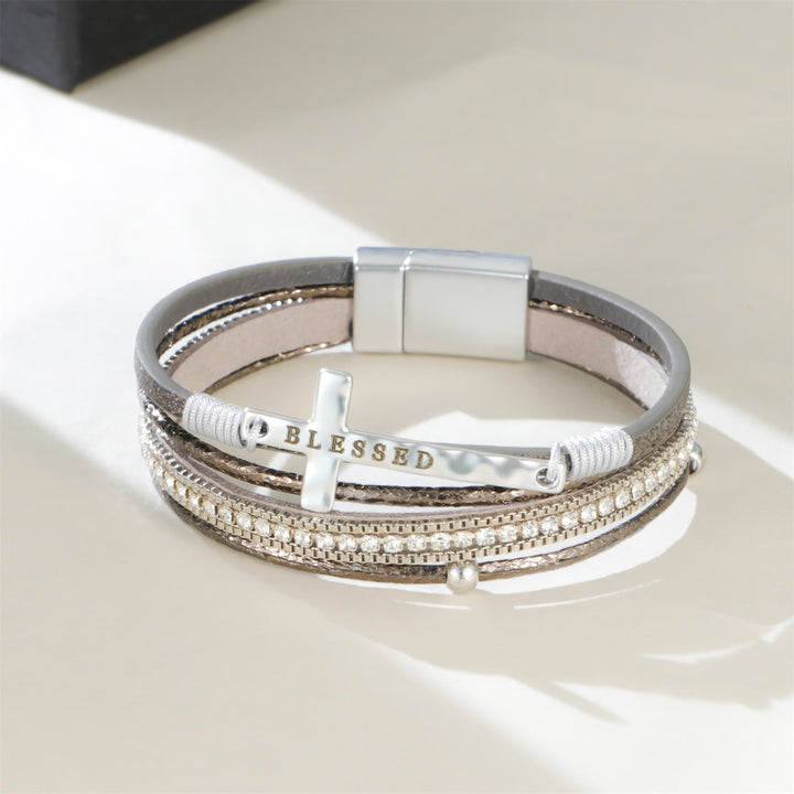 Multi-Layer BLESSED Cross Leather Bracelet with Zircon: A Symbol of Divine Grace & Spiritual Joy