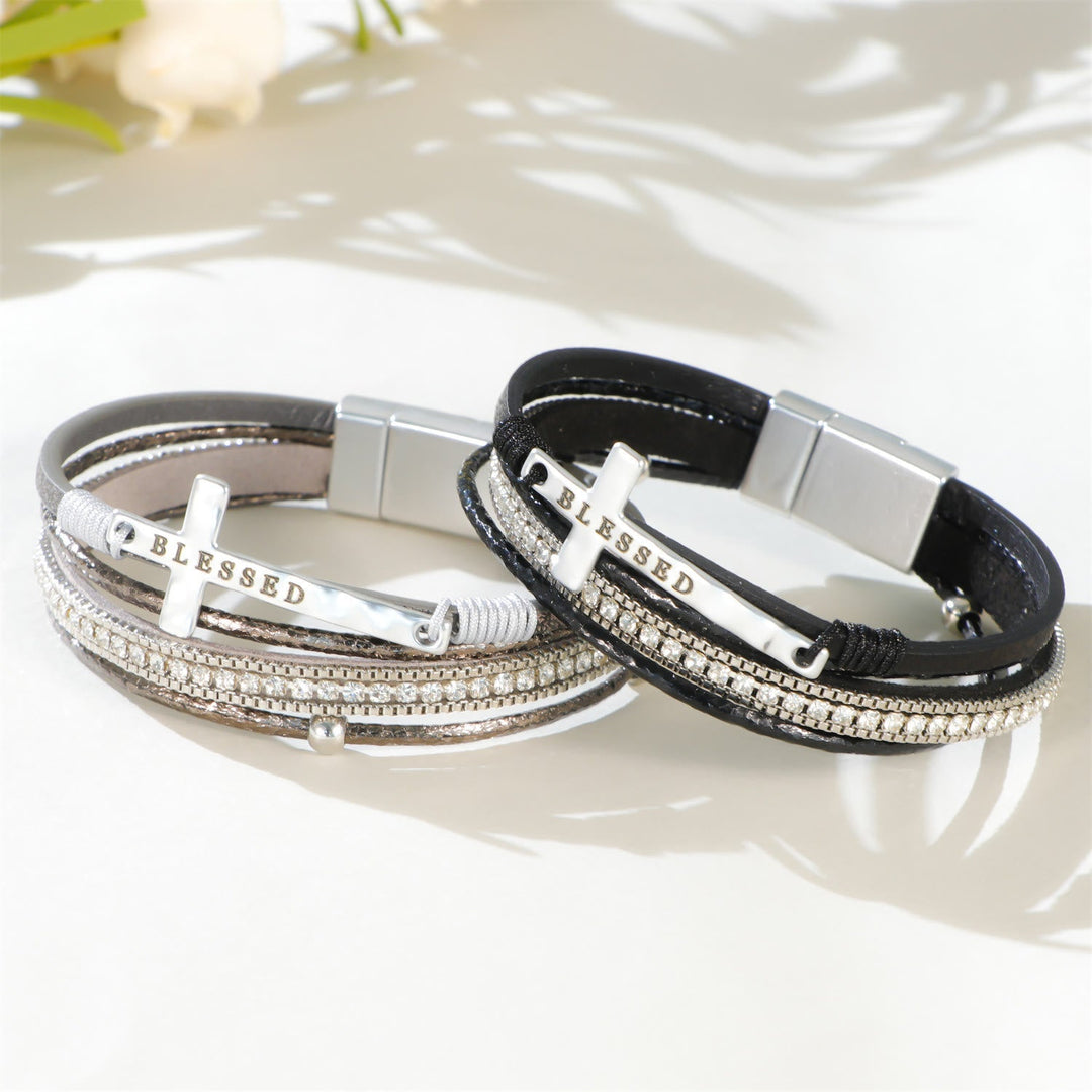 Multi-Layer BLESSED Cross Leather Bracelet with Zircon: A Symbol of Divine Grace & Spiritual Joy