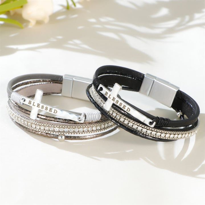 Multi-Layer BLESSED Cross Leather Bracelet with Zircon: A Symbol of Divine Grace & Spiritual Joy