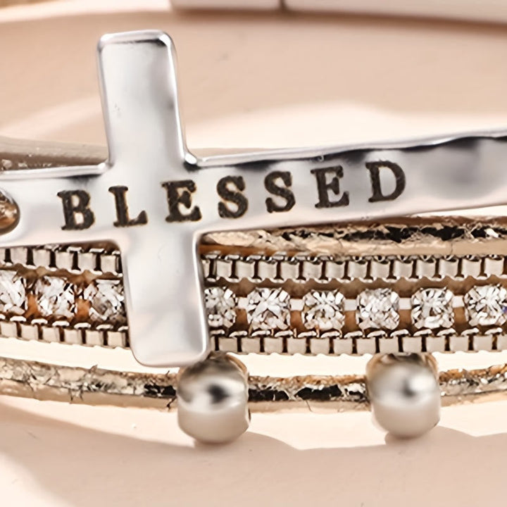 Multi-Layer BLESSED Cross Leather Bracelet with Zircon: A Symbol of Divine Grace & Spiritual Joy