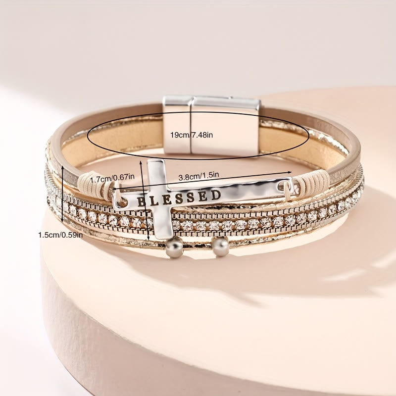 Multi-Layer BLESSED Cross Leather Bracelet with Zircon: A Symbol of Divine Grace & Spiritual Joy