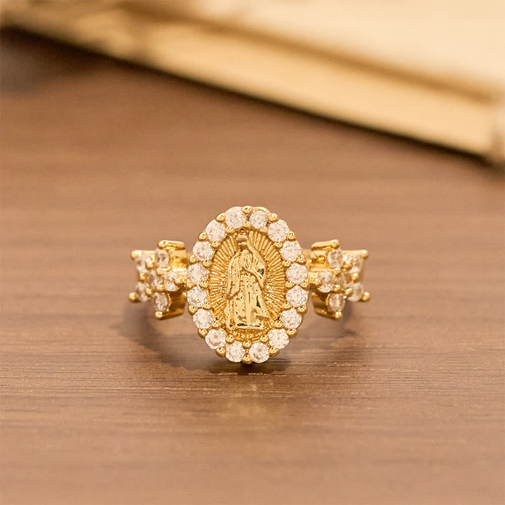 Golden Our Lady Ring with Dual Floral Accents & Zircon Halo
